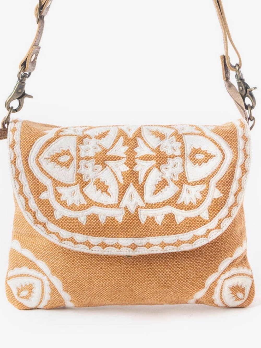 Myra Bag Tan and White Embroidered Crossbody